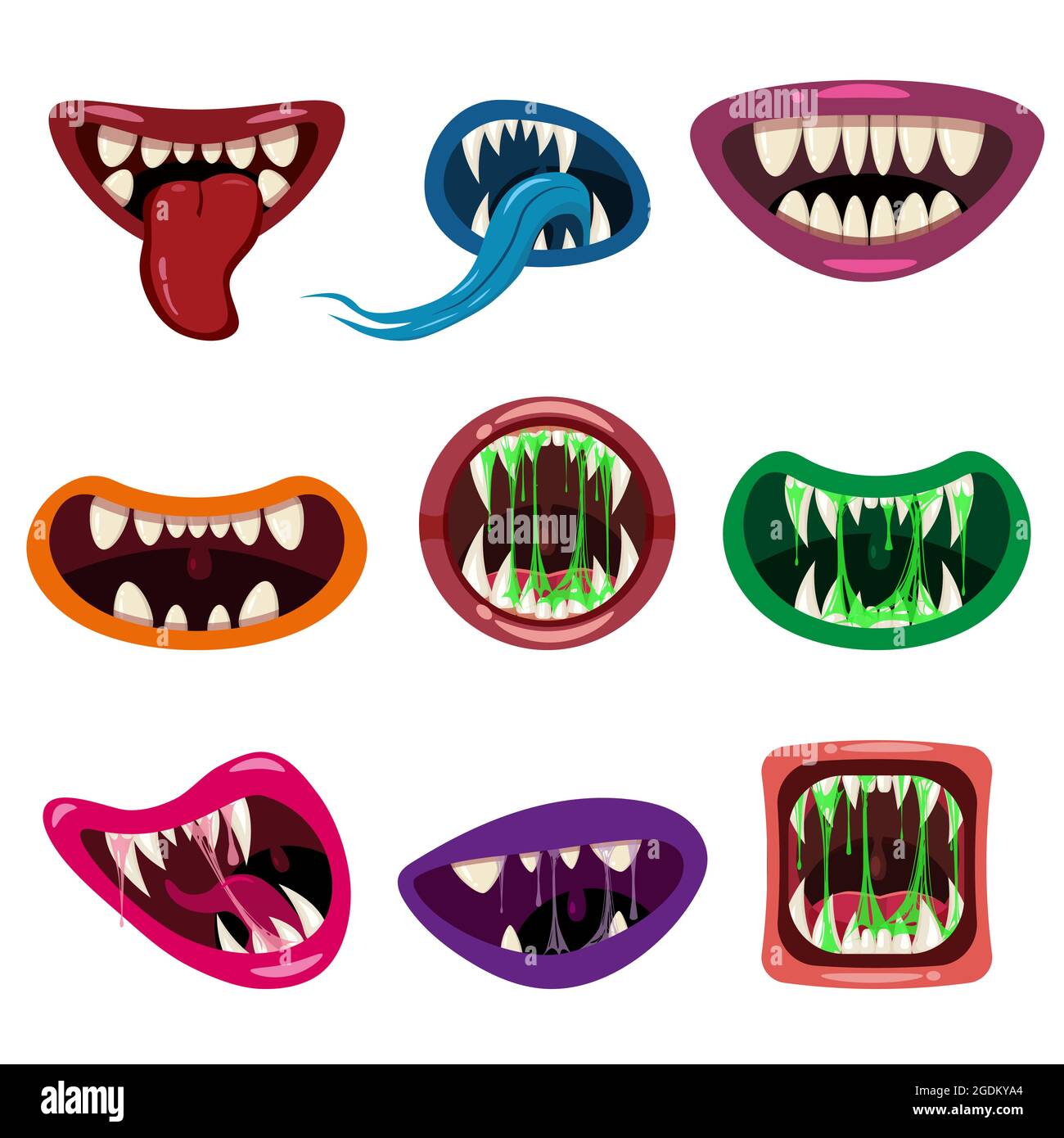 Set Monster Münder gruselig und beängstigend. Lustige Kiefer teeths Zunge Kreaturen Ausdruck Monster Horror Speichel Schleim. Vektor isolierte Illustration Cartoon Stock Vektor