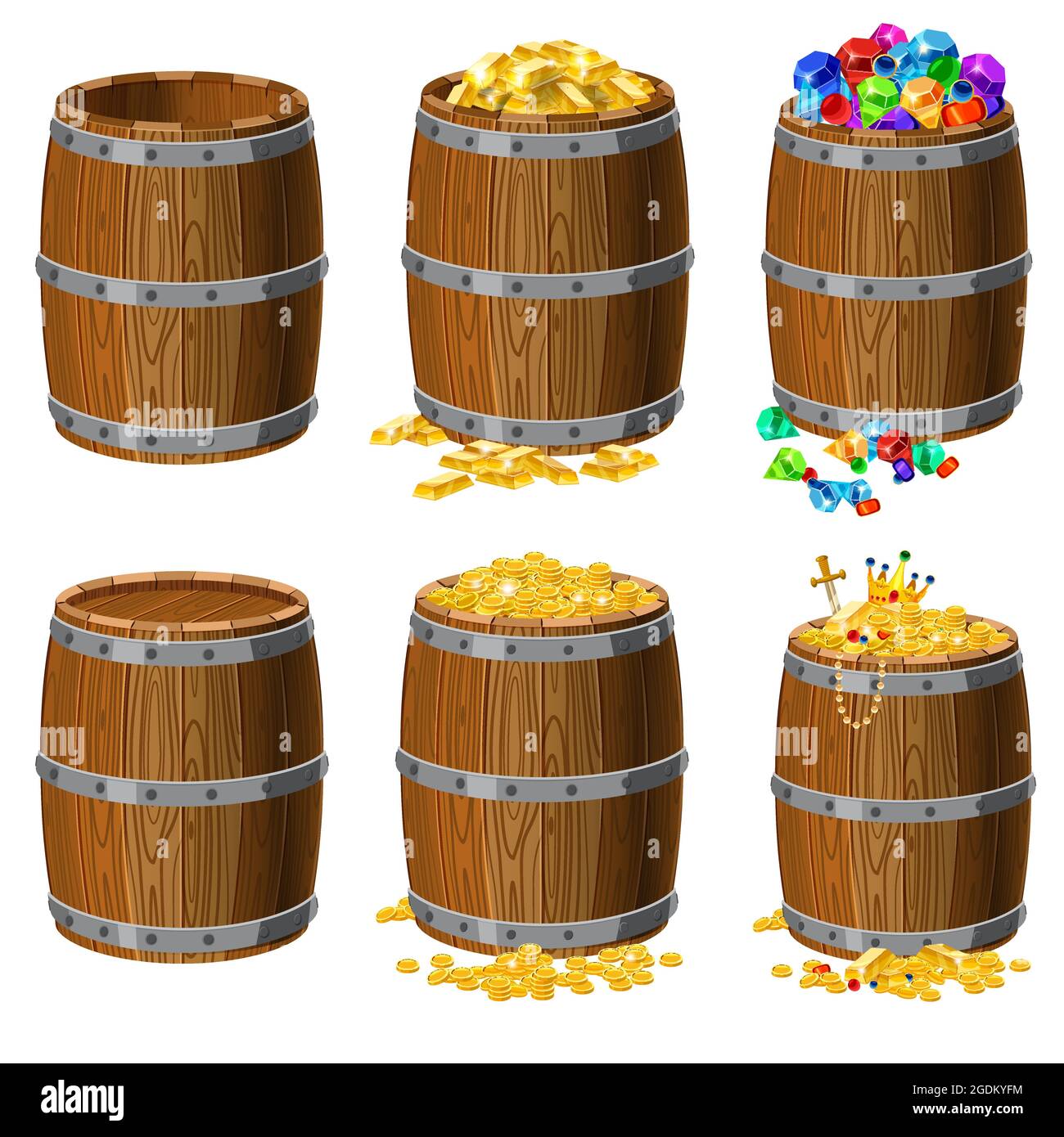 Set aus Holzfässern mit Schätzen, Gold, Münzen, Riegel, Edelsteinen, Diamanten, Smaragde, Schmuck, leer und geschlossen, mit Metallstreifen, Für Stock Vektor