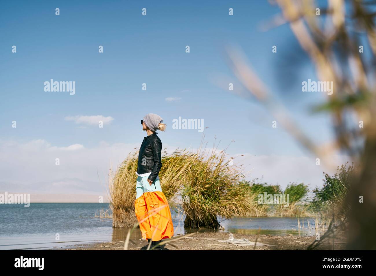 asiatische Frau Tourist, die an einem See steht und unter blauem Himmel die Aussicht sieht Stockfoto