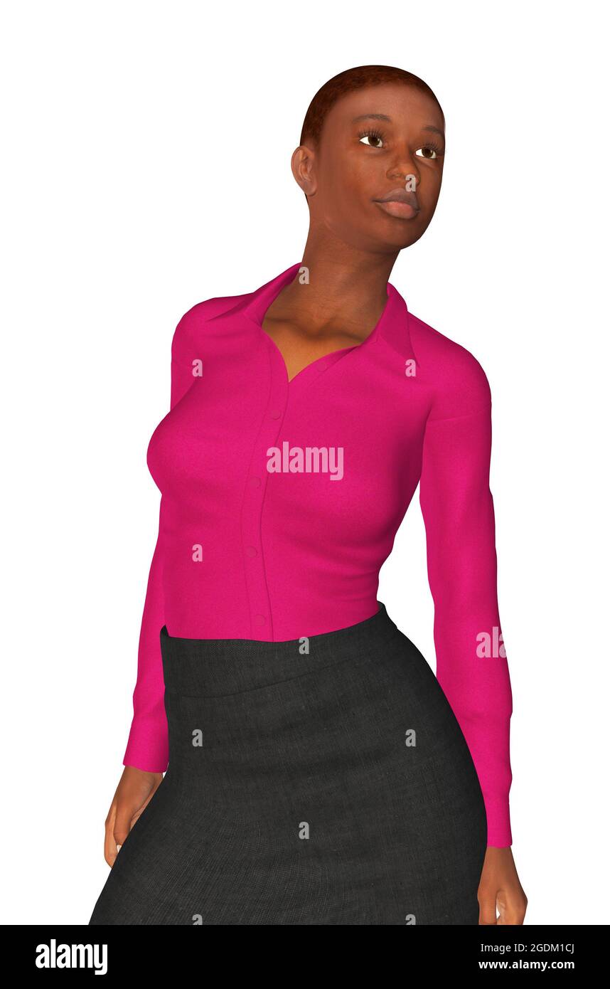 Digitale gerenderte schwarze Frau trägt rosa Bluse und dunklen Rock, 3d-Illustration. Stockfoto