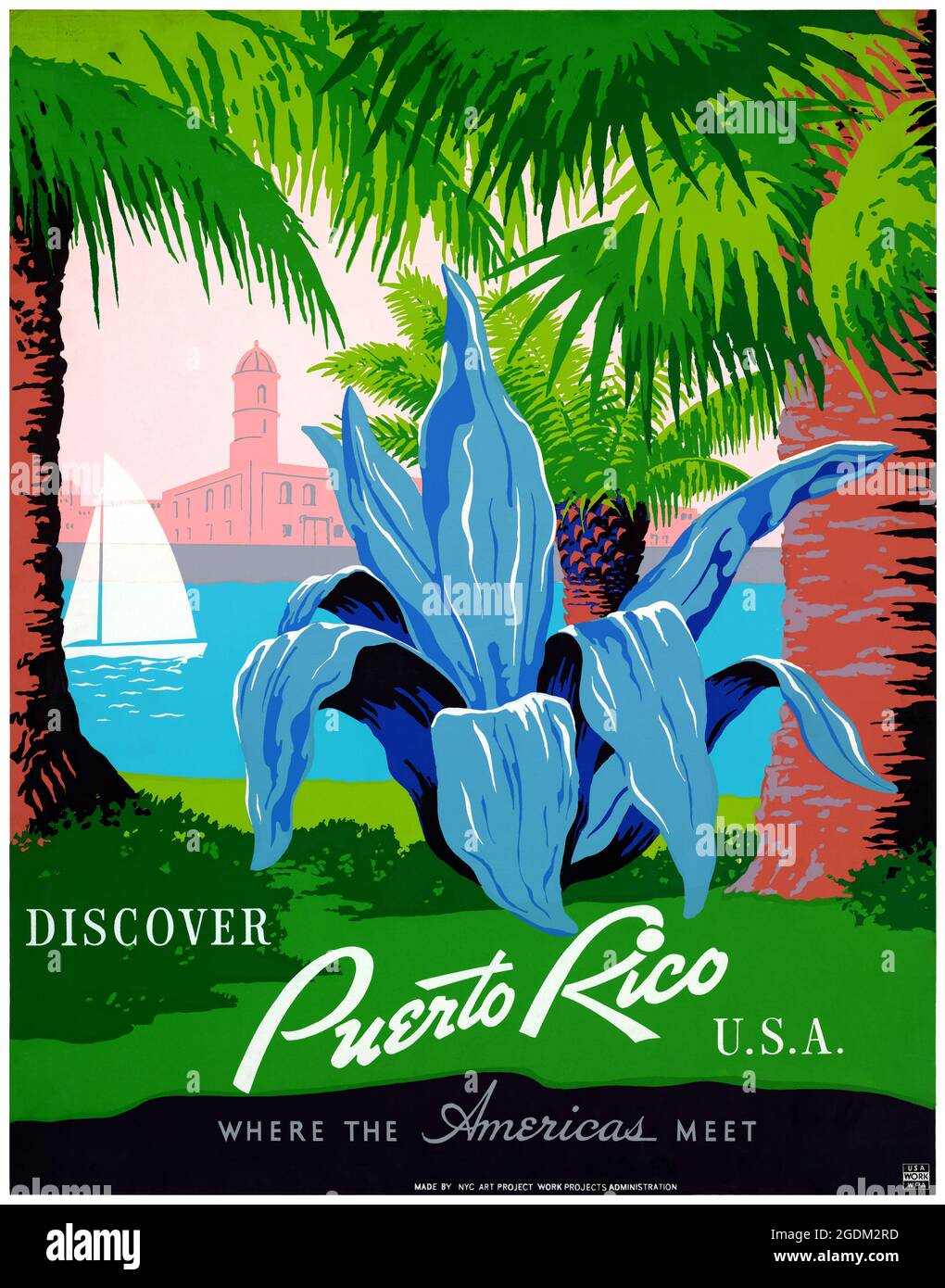 Entdecken Sie Puerto Rico, USA, wo Amerika zusammenkommt von Frank S. Nicholson (Daten unbekannt). Restauriertes Vintage-WPA-Poster, das in den 1940er Jahren in den USA veröffentlicht wurde. Stockfoto