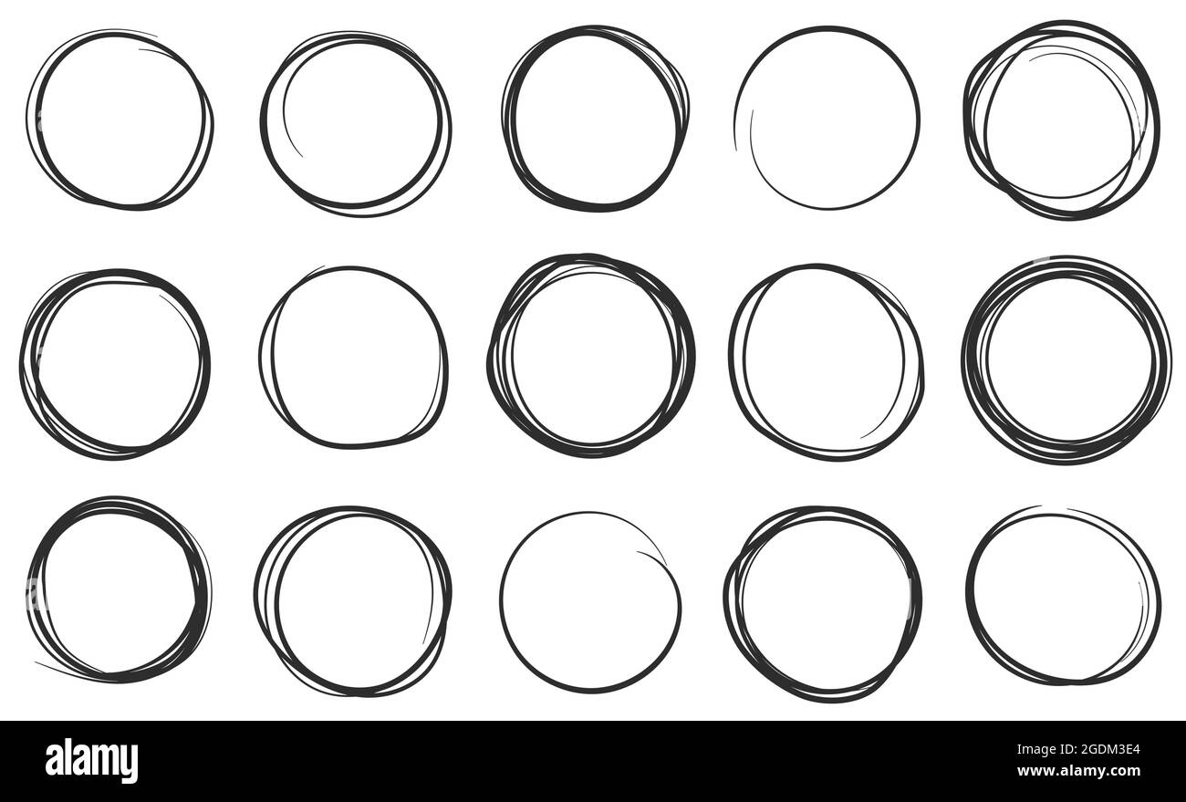 Handgezeichnete Kreise, kreisförmige Pinselstreicheln. Scribble Kreis, runden Bleistiftrahmen, Skizze Blase Doodle Zeichnung Vektor-Set. Schwarze Lacklinie umrandt, Ringe isoliert auf weiß Stock Vektor