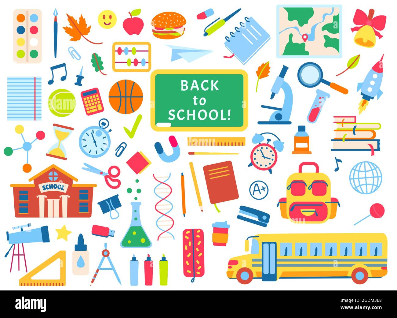 Zurück in die Schule handgezeichnete Elemente, Schulbedarf doodles. Bücher, Notizbücher, Tafel. Kinder Schule Bildung Aufkleber Vektor-Set. Gelber Bus für Schüler, Tafel mit Text Stock Vektor