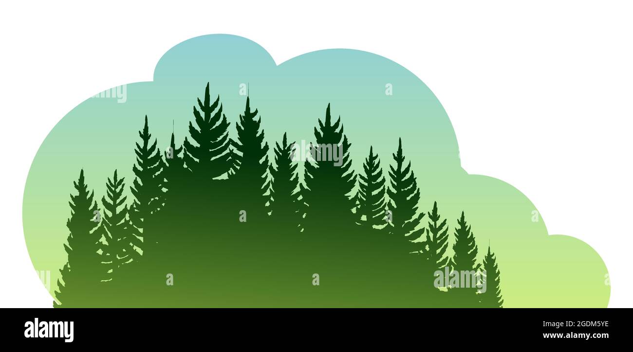 Wald Silhouette Szene. Landschaft mit Nadelbäumen. Wunderschöne Aussicht. Kiefern- und Fichtenbäume. Sommer Natur. Isolierter Illustrationsvektor. Stock Vektor