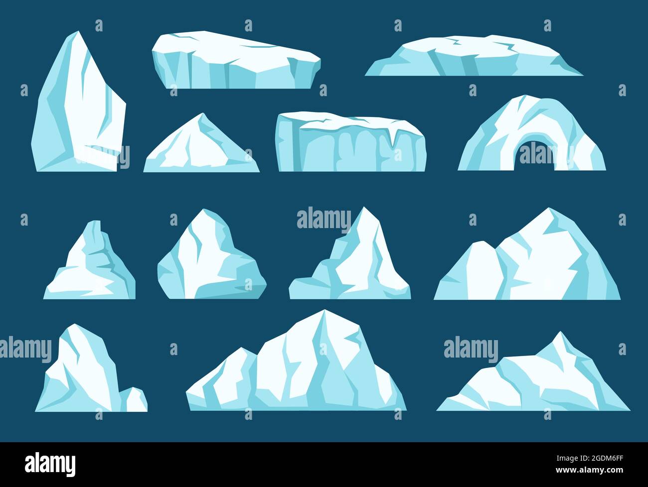 Cartoon Eisberge, antarktische Eisgletscher, arktische Eisfelsen. Schwimmende Eisberge, gefrorene Schneekristalle, eisige Gletscherspitzen Vektorset. Eiskaltes Wasser verschiedener Formen und Formen Stock Vektor