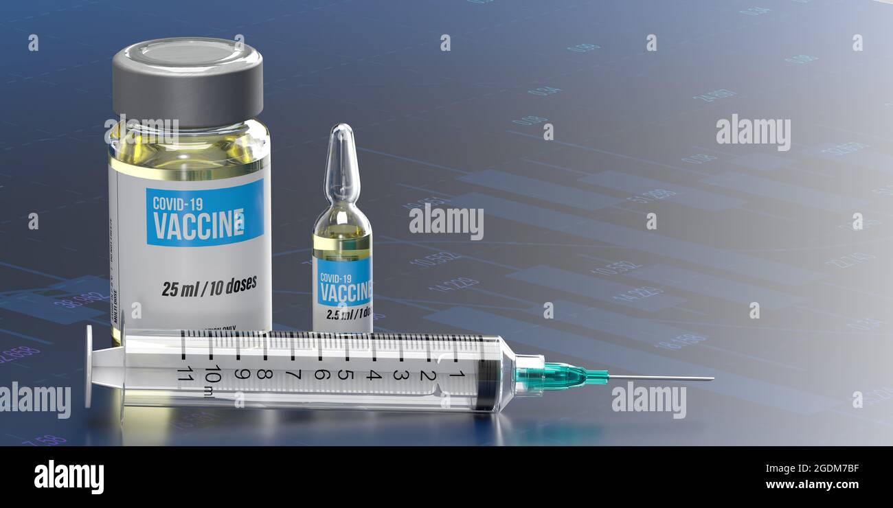 3D-gerenderter Covid-19-Impfstoff und Spritze. Fläche des Economy- und Finanzliniendiagramms mit Kopierfläche. Datendiagramme zeigen den Anstieg des neuen mutierten Deltas Stockfoto
