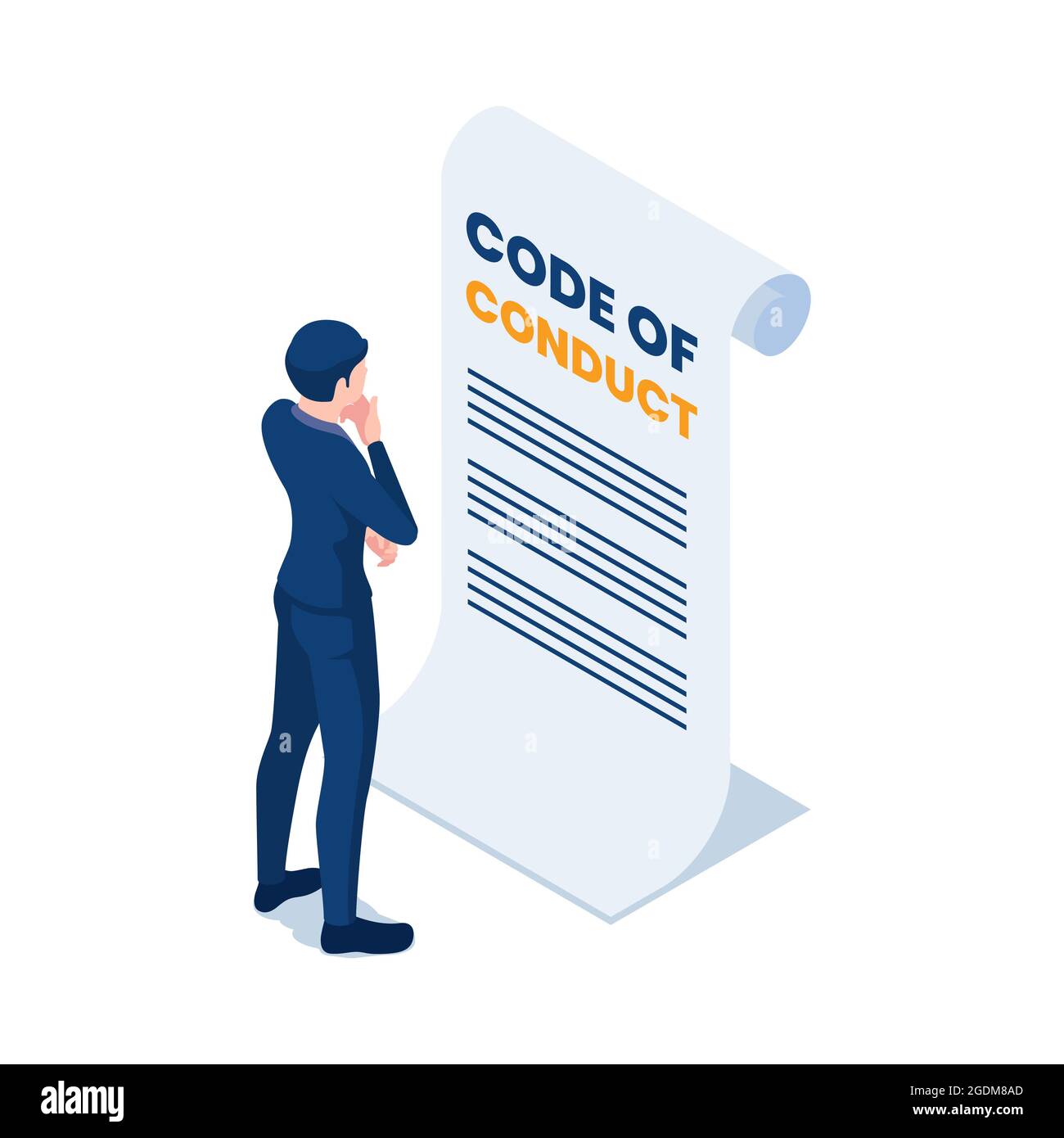 Flat 3d Isometric Businessman Leading Code of Conduct Document. Code of Conduct und Business Ethics Konzept. Stock Vektor