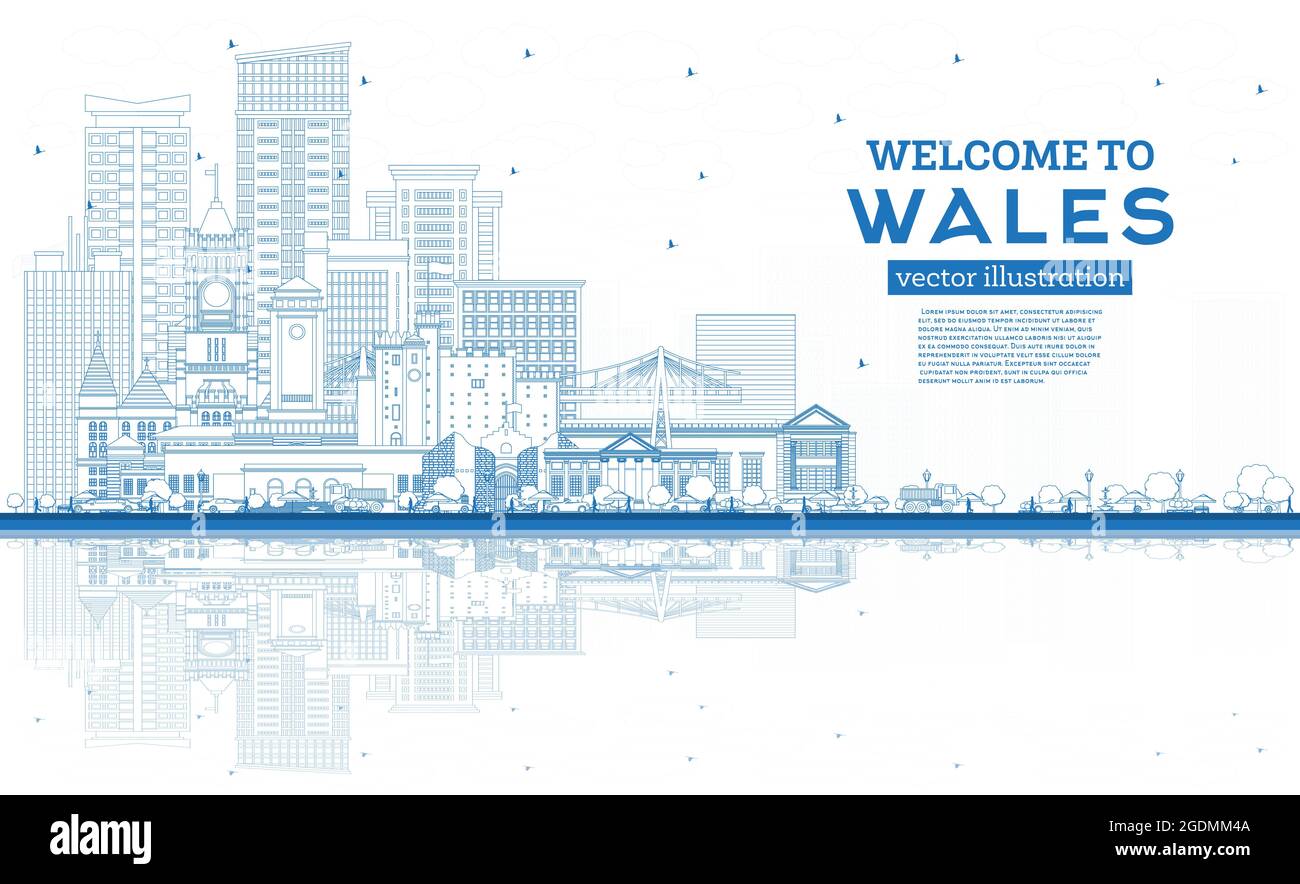 Beschreibung Willkommen in der Skyline von Wales City mit blauen Gebäuden. Vektorgrafik. Konzept mit historischer Architektur. Stadtbild von Wales mit Wahrzeichen. Stock Vektor