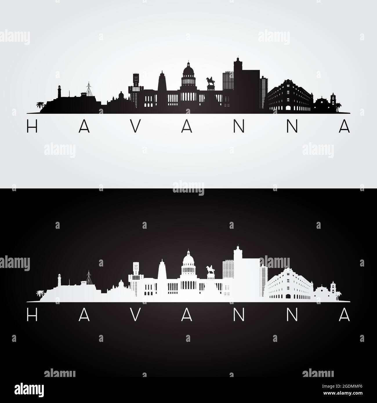 Skyline von Havanna und Wahrzeichen Silhouette, Schwarz-Weiß-Design, Vektor-Illustration. Stock Vektor