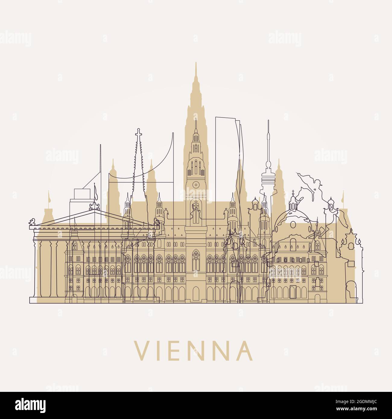 Skizzieren Sie Wien. Vintage Skyline mit Wahrzeichen. Vektorgrafik. Business Travel und Tourismus Konzept mit historischen Gebäuden. Bild für Presentati Stock Vektor