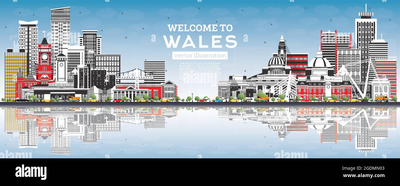 Willkommen in der Skyline von Wales City mit Grey Buildings und Blue Sky. Vektorgrafik. Konzept mit historischer Architektur. Stadtbild von Wales mit Wahrzeichen Stock Vektor