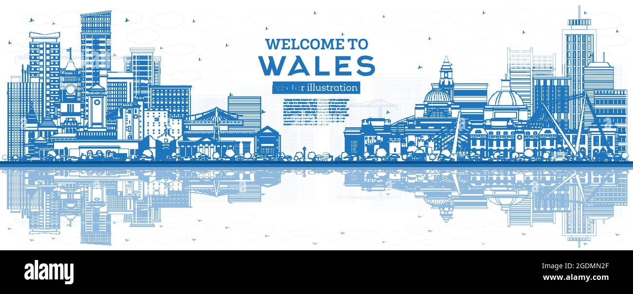 Beschreibung Willkommen in der Skyline von Wales City mit blauen Gebäuden. Vektorgrafik. Konzept mit historischer Architektur. Stadtbild von Wales mit Wahrzeichen. Stock Vektor