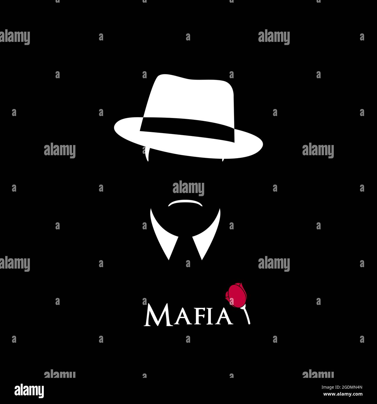 Italienische Mafioso. Illustration Mann mit Hut, Schnurrbart und Kragen. Schwarz-Weiß-Vektorgrafik. Stock Vektor