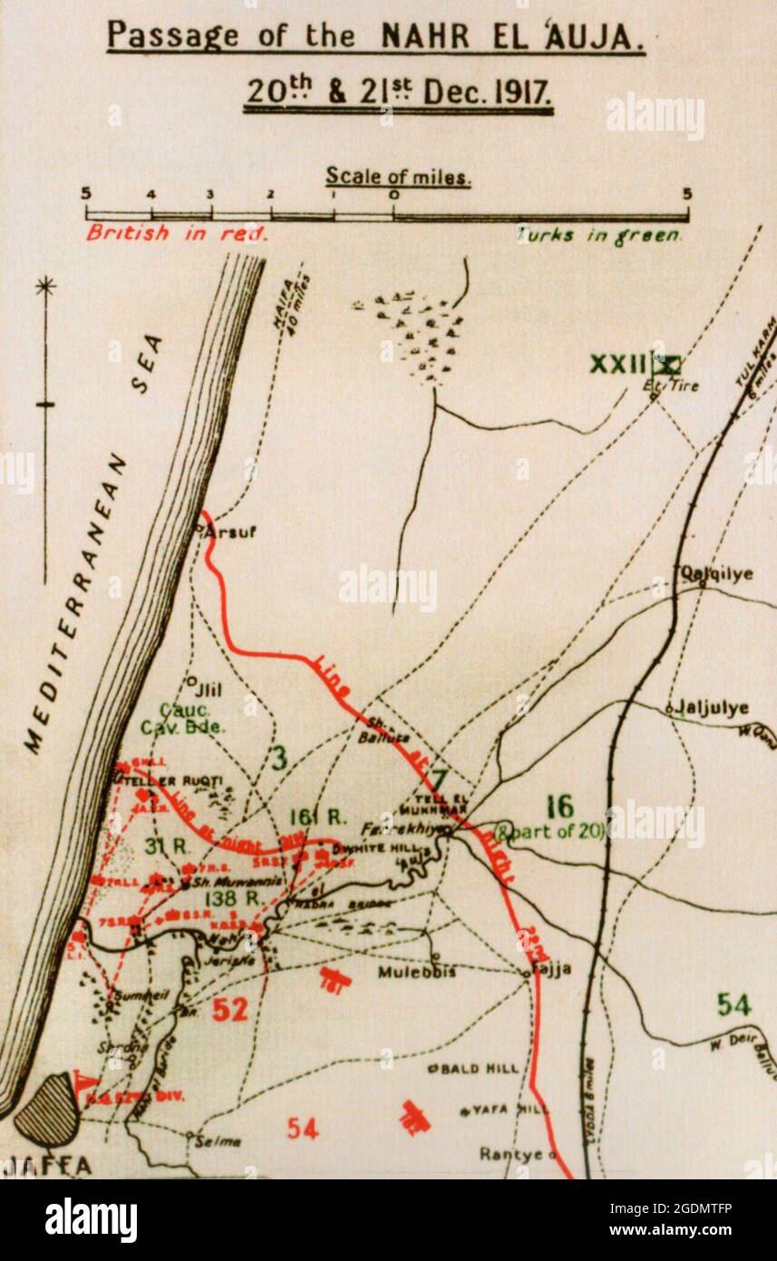 Skizzenkarte der Passage der Nahr el'Auja während der britischen Operationen in Palästina, Dezember 1917 Stockfoto