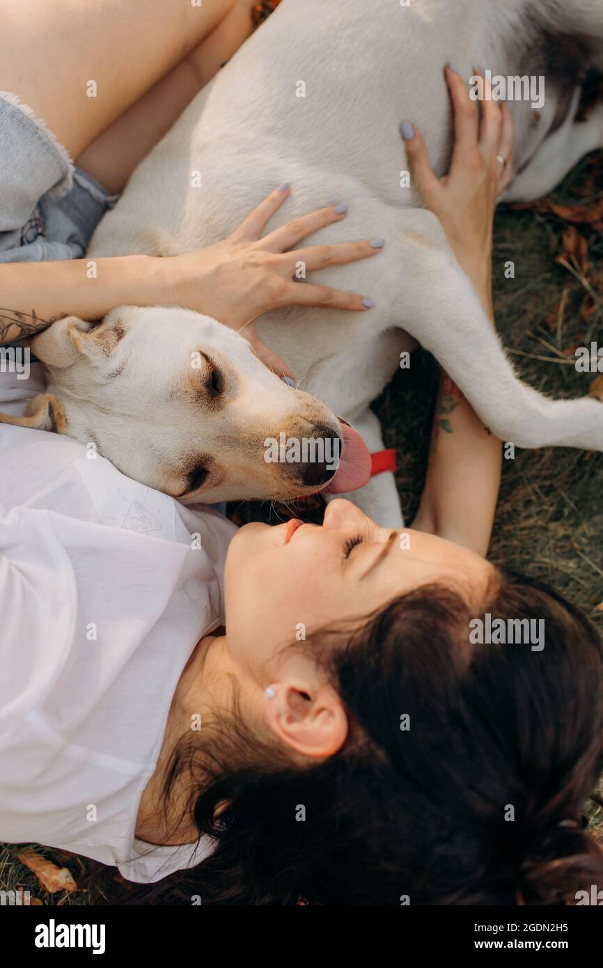 Frau umarmt ihren Labrador. Lebensstil und Tierpflege Konzept. Stockfoto