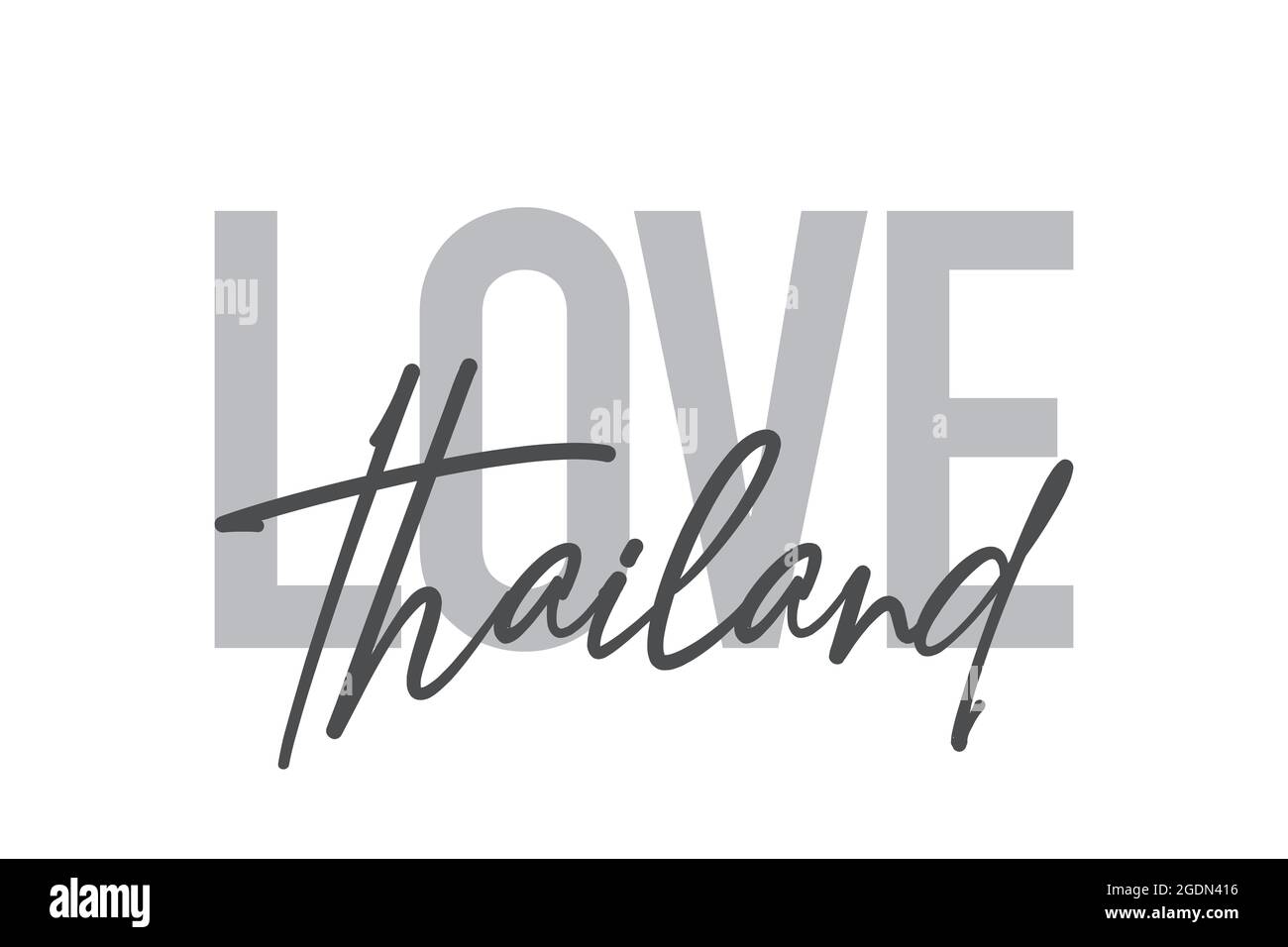 Modernes, schlichtes, minimalistisches typografisches Design eines Sprichwort „Love Thailand“ in Grautönen. Coole, urbane, trendige und verspielte Grafik-Vektorgrafik mit Stockfoto