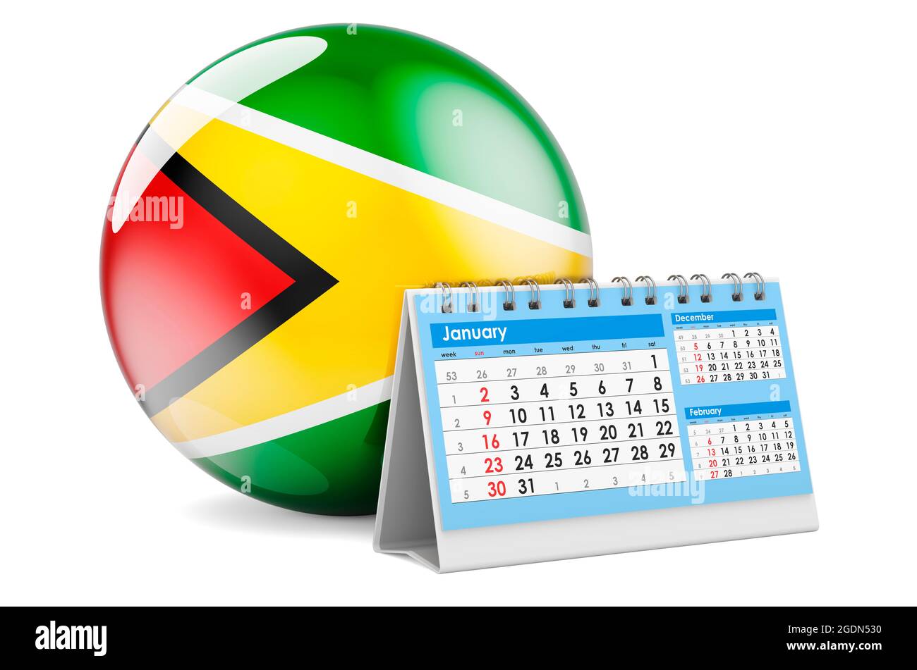 Tischkalender mit guyanischer Flagge. 3D-Rendering auf weißem Hintergrund isoliert Stockfoto