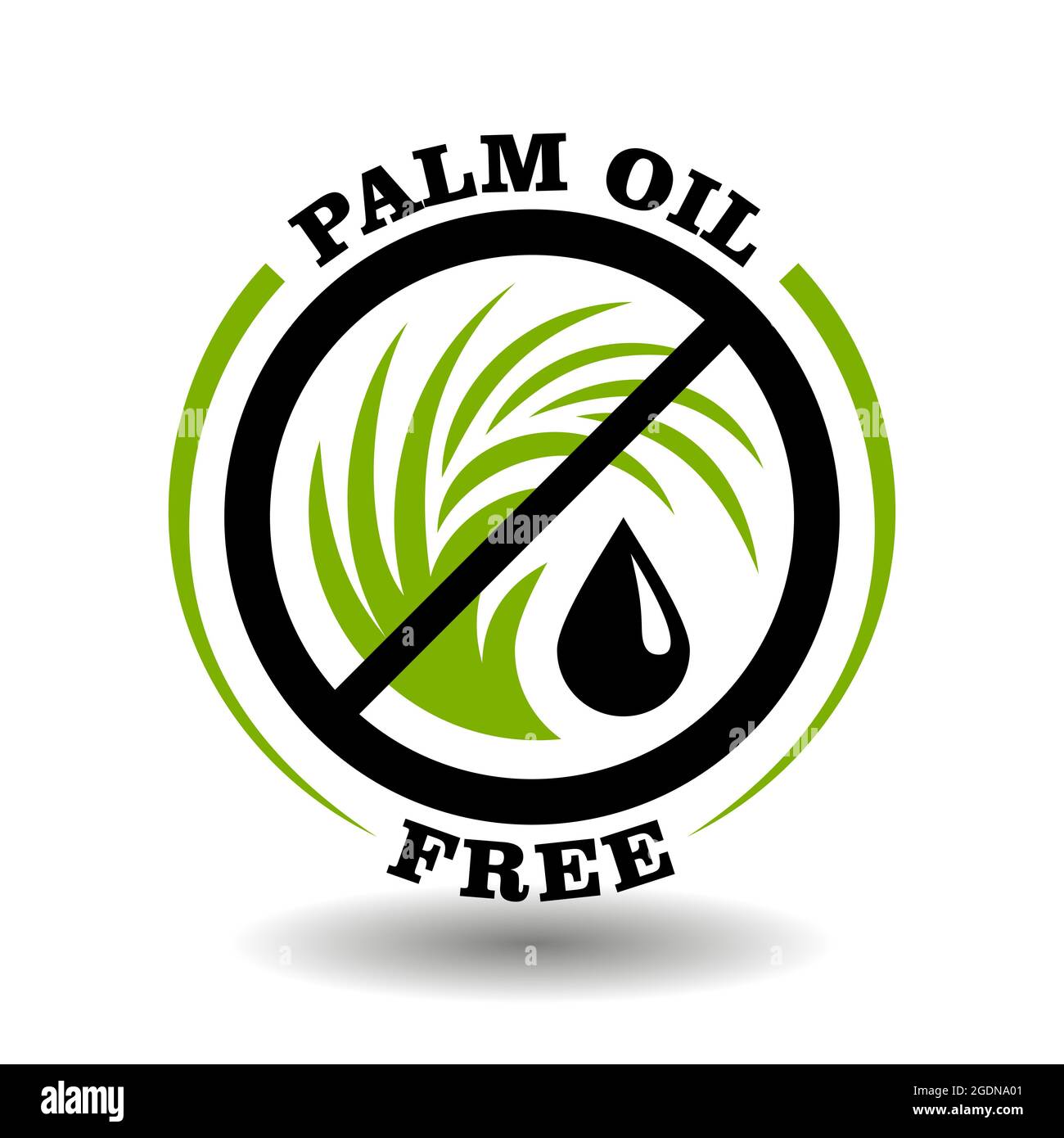 Einfaches Kreis-Logo Palmöl frei mit grünem Blatt-Symbol, kein Öltropfen und rundes verbotenes Symbol für die Kennzeichnung von Bio-gesunden Produkten ohne Handfläche Stock Vektor