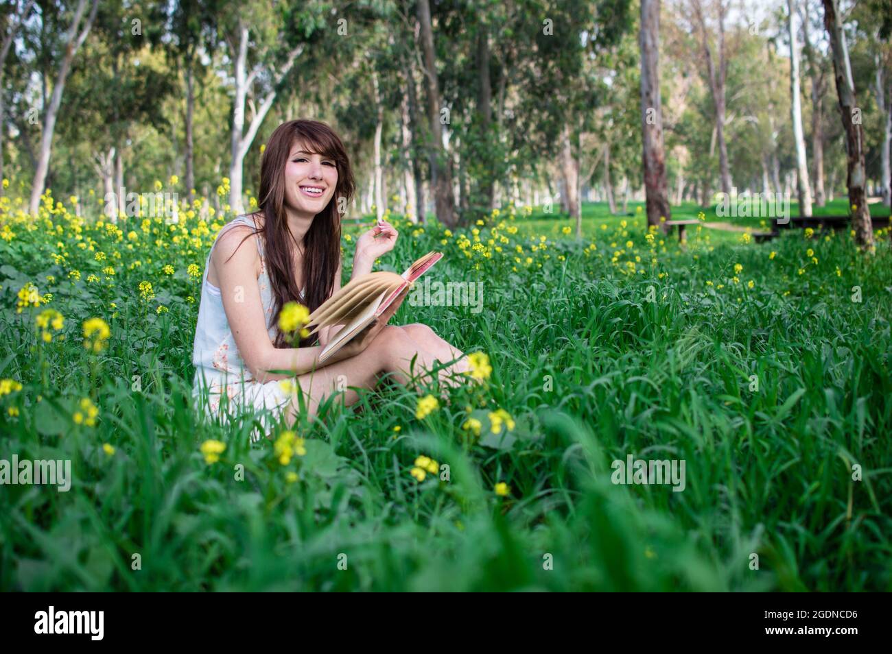 Junge lächelnde Frau aus dem Nahen Osten liest in einem Park ein Buch Stockfoto