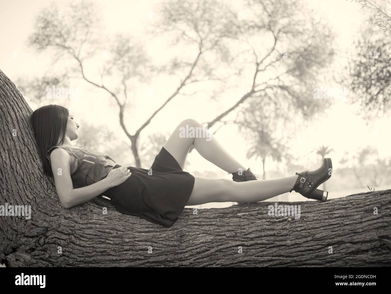 Junge Frau aus dem Nahen Osten entspannt sich auf einem Baumstamm in einem Park Stockfoto
