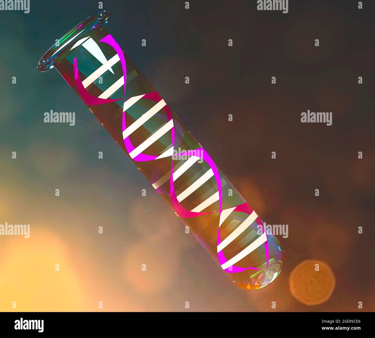 DNA-Helix in einem Reagenzglas, Forschung und Studien zu genetischen Krankheiten. Entdeckungen und neue Technologien zur Analyse von DNA-Proben. 3d-Rendering Stockfoto