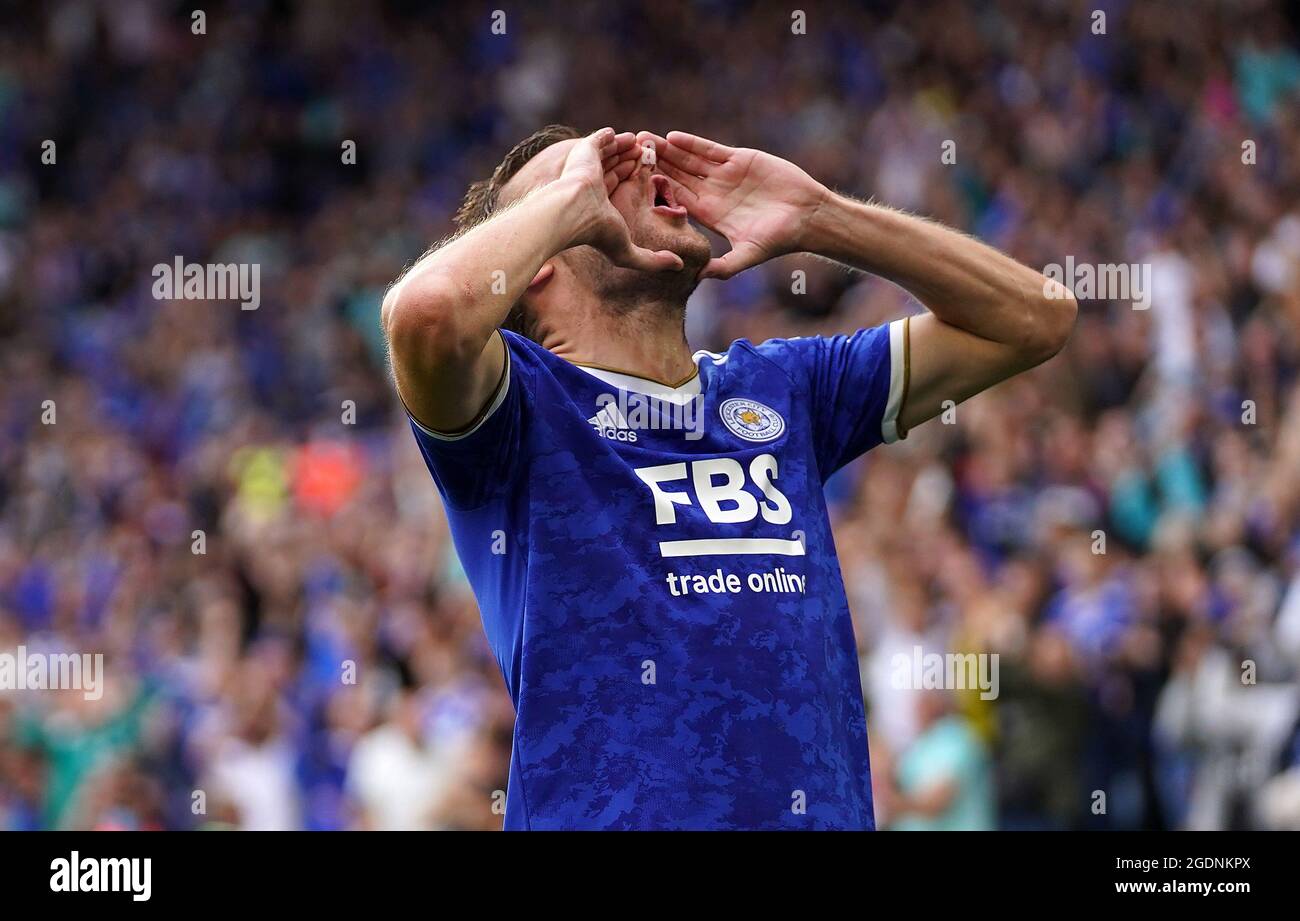 Jamie Vardy von Leicester City feiert das erste Tor ihrer Spielmannschaft während des Premier League-Spiels im King Power Stadium, Leicester. Bilddatum: Samstag, 14. August 2021. Stockfoto
