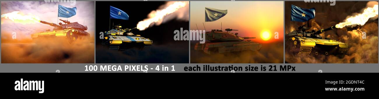 Somalia Armee Konzept - 4 hochauflösende Illustrationen von modernen Panzer mit Design, das nicht existiert mit Somalia Flagge, Militär 3D Illustration Stockfoto