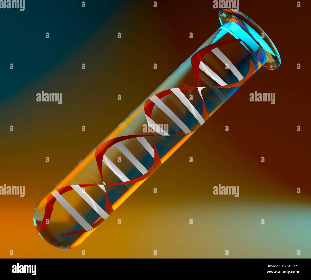 DNA-Helix in einem Reagenzglas, Forschung und Studien zu genetischen Krankheiten. Entdeckungen und neue Technologien zur Analyse von DNA-Proben. 3d-Rendering Stockfoto