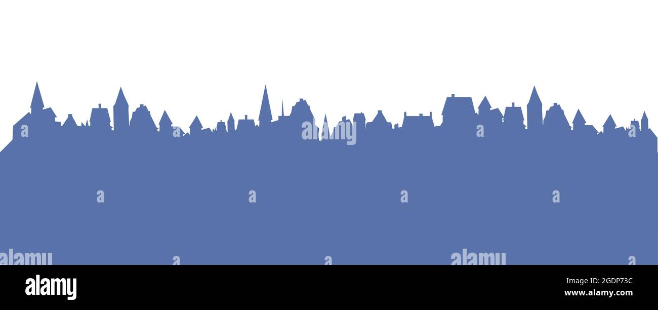Kleine Stadt Straßen Silhouette. Dächer von Häusern. Landschaft auf dem Land. Flacher Cartoon-Stil. Nahtlose Illustration. Isoliert auf weißem Hintergrund. Vektorgrafiken Stock Vektor