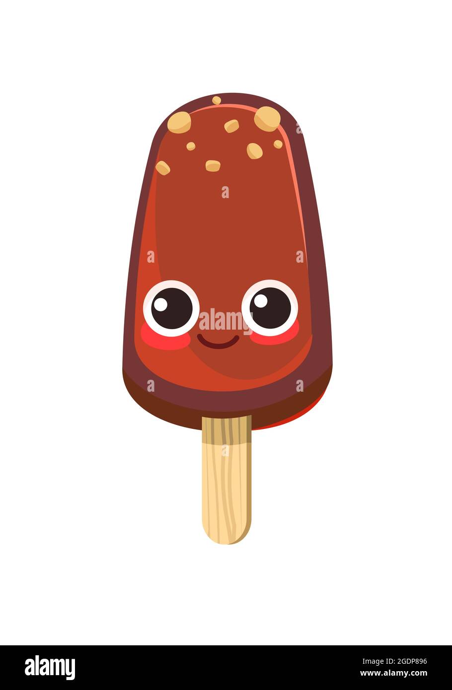 Schokoladeneis. Sommer Essen süßes Dessert. Flaches Design. Popsicle auf einem Stock. Cartoon lustige Figur. Nüsse. Das Objekt ist auf einem weißen isoliert Stock Vektor