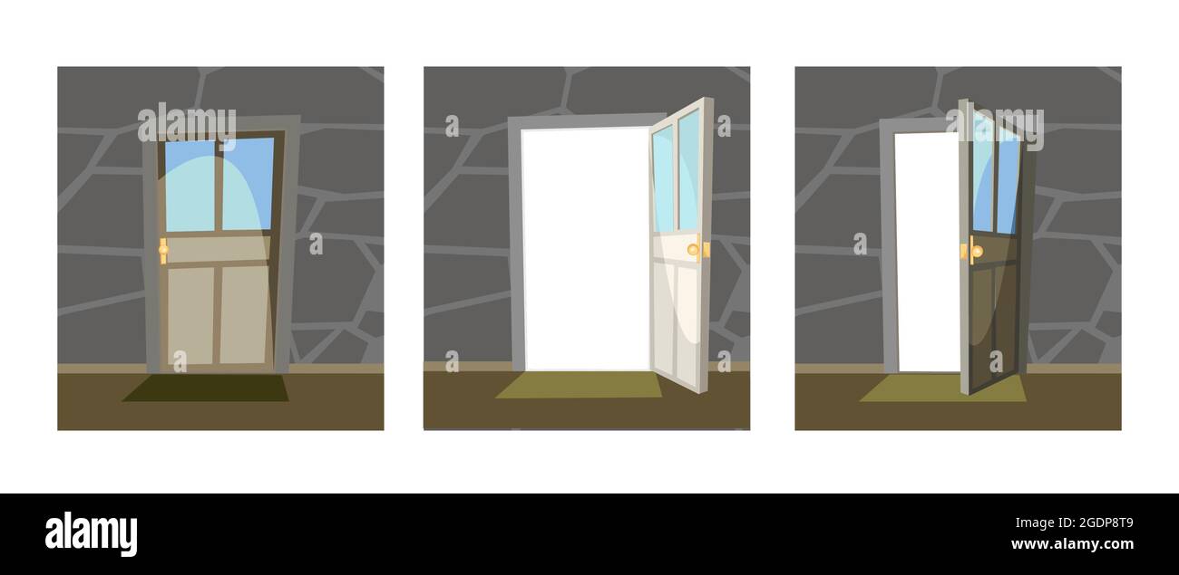 Satz von Türen mit Glas. Offen, halb ajar und verschlossen. Von der Innenseite des Raumes zu Hause. Steinmauer. Der Weg ist offen. Cartoon-Stil. Vektor Stock Vektor