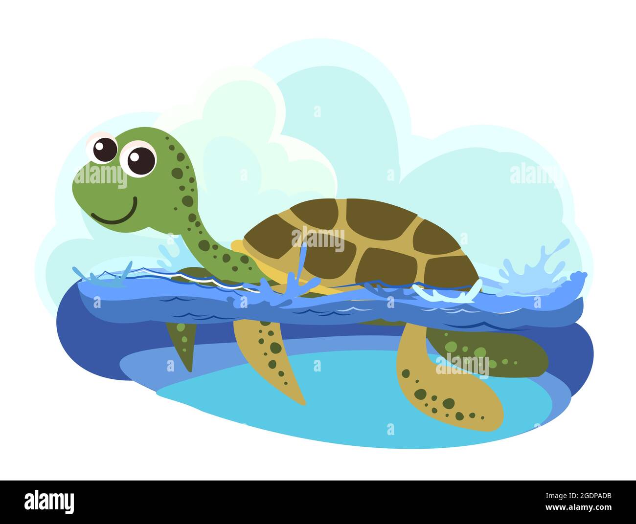 Schildkröte. Kleine Landschaft. Unterwasserwelt. Wilde Tiere. Meer, Meer. Sommerwasser. Isoliert auf weißem Hintergrund. Illustration im Cartoon-Stil. Vektor Stock Vektor