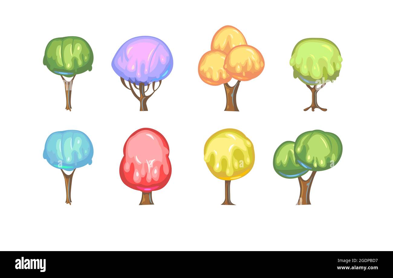 Set von fabelhaften süßen Bäumen. Für Landschaften mit mehrfarbigem Karamell, Eis oder Gelee. Schweiß. Kinder Spaß Illustration. Cartoon-Stil Stock Vektor