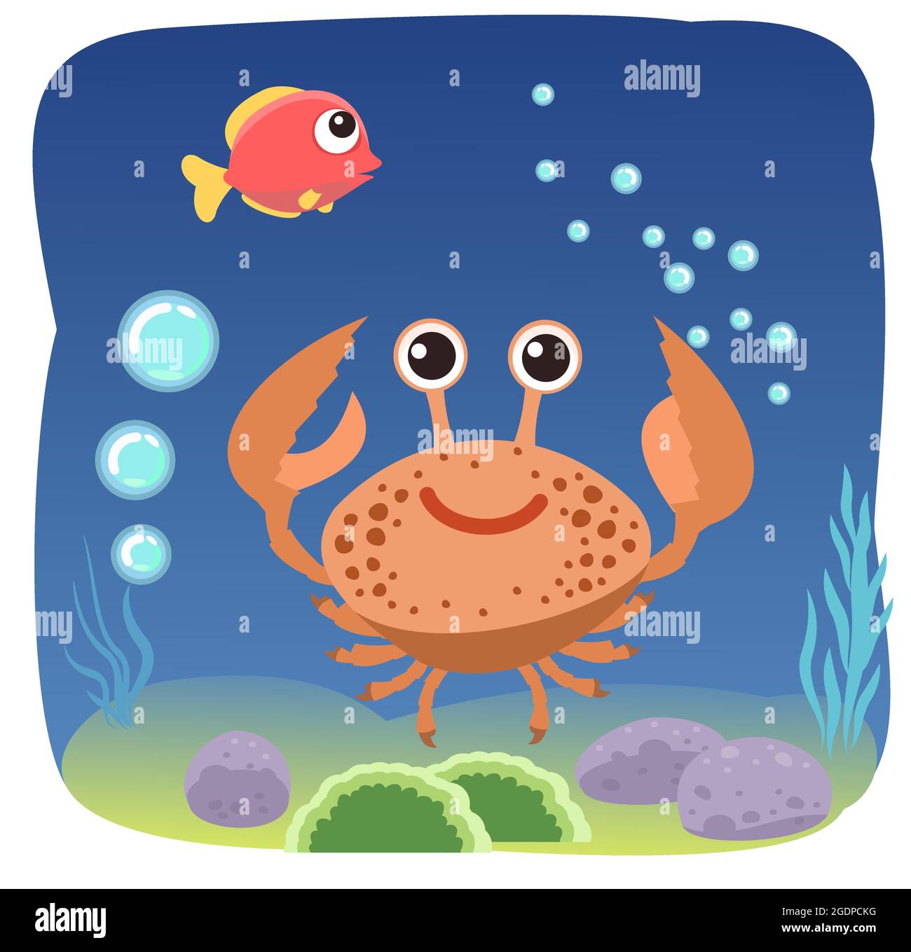 Krabbe. Kleine Landschaft. Unterwasserwelt. Wilde Tiere. Meer, Meer. Sommerwasser. Isoliert auf weißem Hintergrund. Illustration im Cartoon-Stil. Flach Stock Vektor