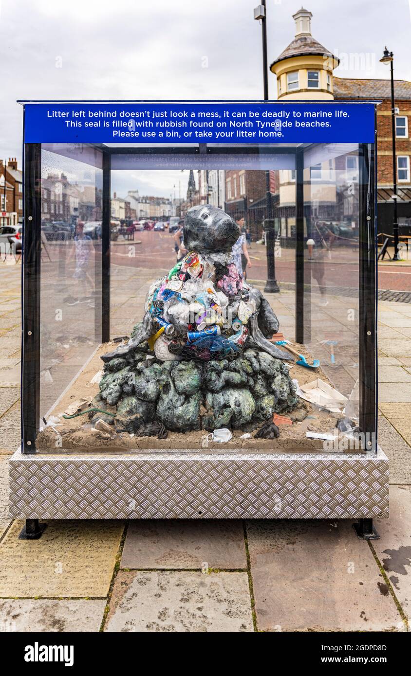 Skulptur in Tynemouth einer Robbe aus Abfall und Plastikverschmutzung Stockfoto