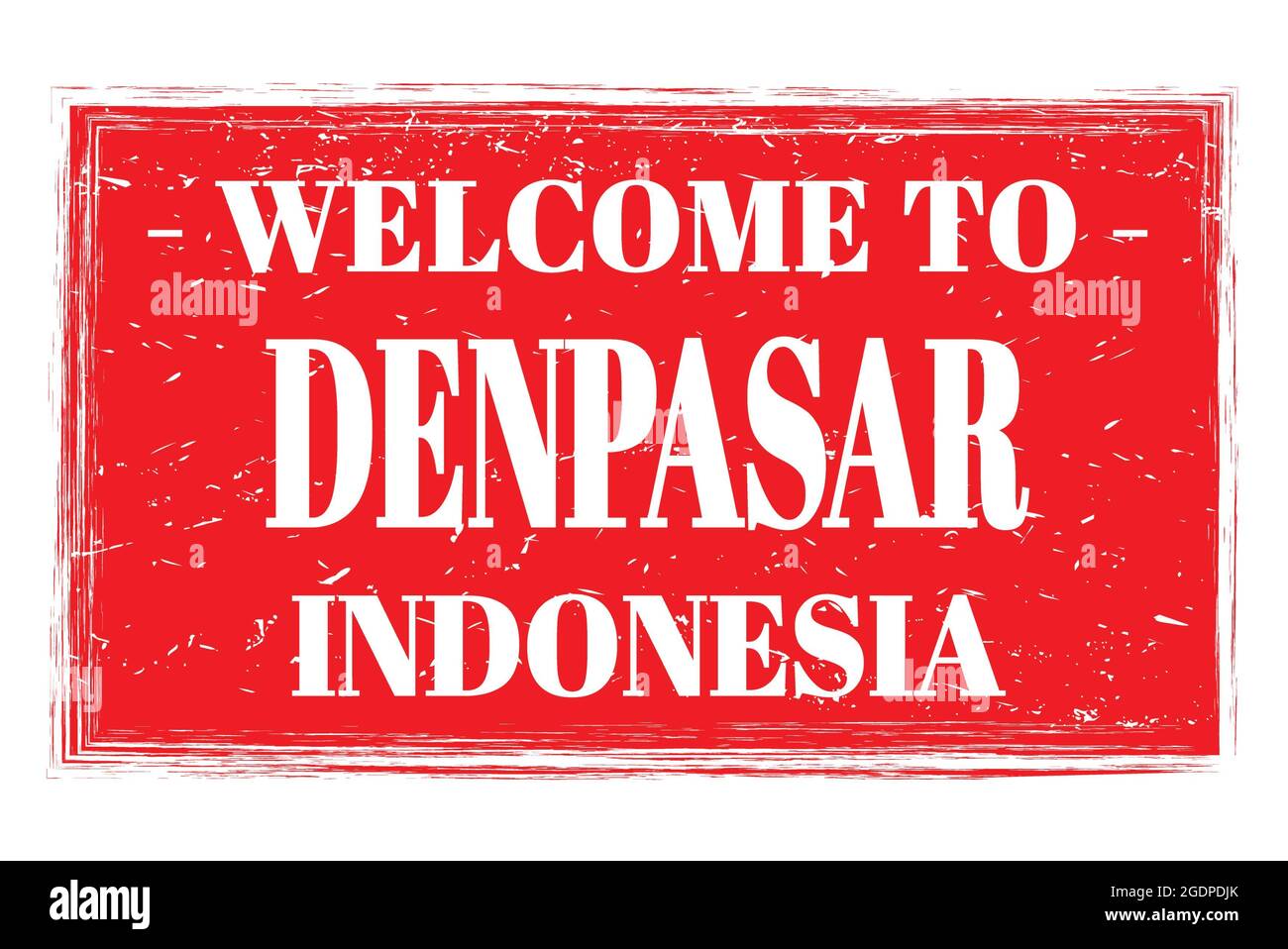 WILLKOMMEN IN DENPASAR - INDONESIEN, Worte auf rotem Rechteck Briefmarke geschrieben Stockfoto