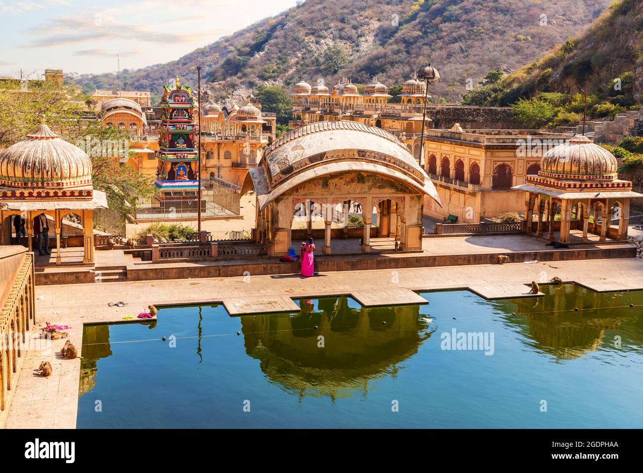 Hanuman Ji Tempel, Galta Kund Luftaufnahme, Jaipur, Indien Stockfoto