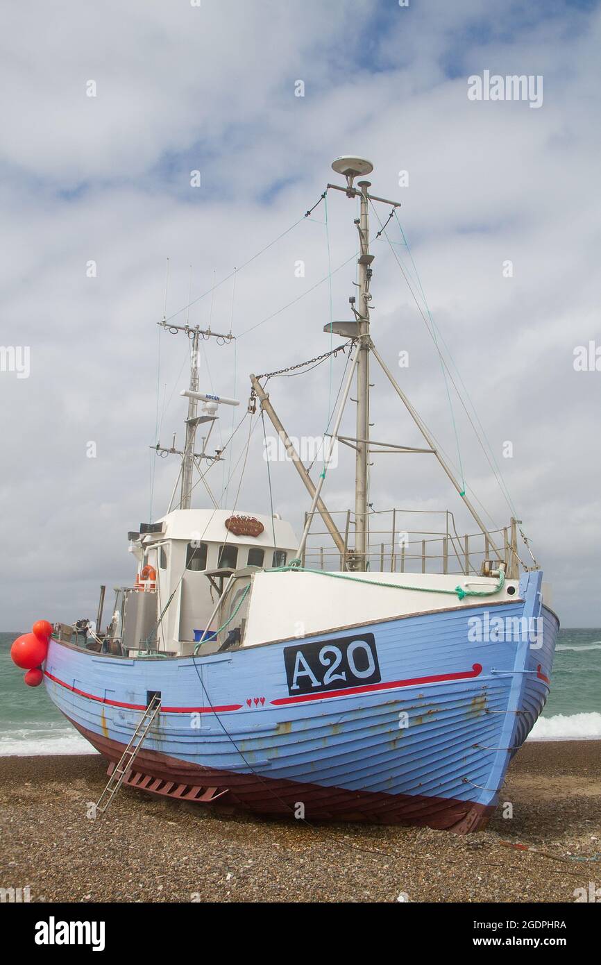 Blauer Küstenschneider hat den Strand am Lild Strand in Dänemark aufgestellt Stockfoto