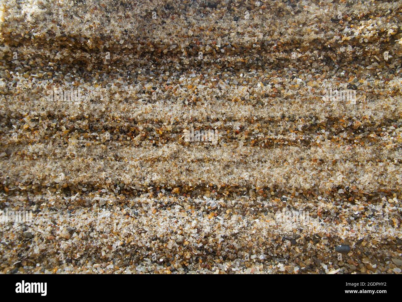 Wechsel von Schichten aus grobem Sand und Kies in einem Sediment an der Küste Stockfoto