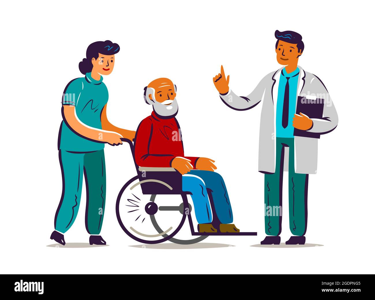Konzept der Altenpflege. Krankenschwester Medizin Personal Patient Krankenhaus Arzt Rollstuhl flache Vektor-Illustration Stock Vektor