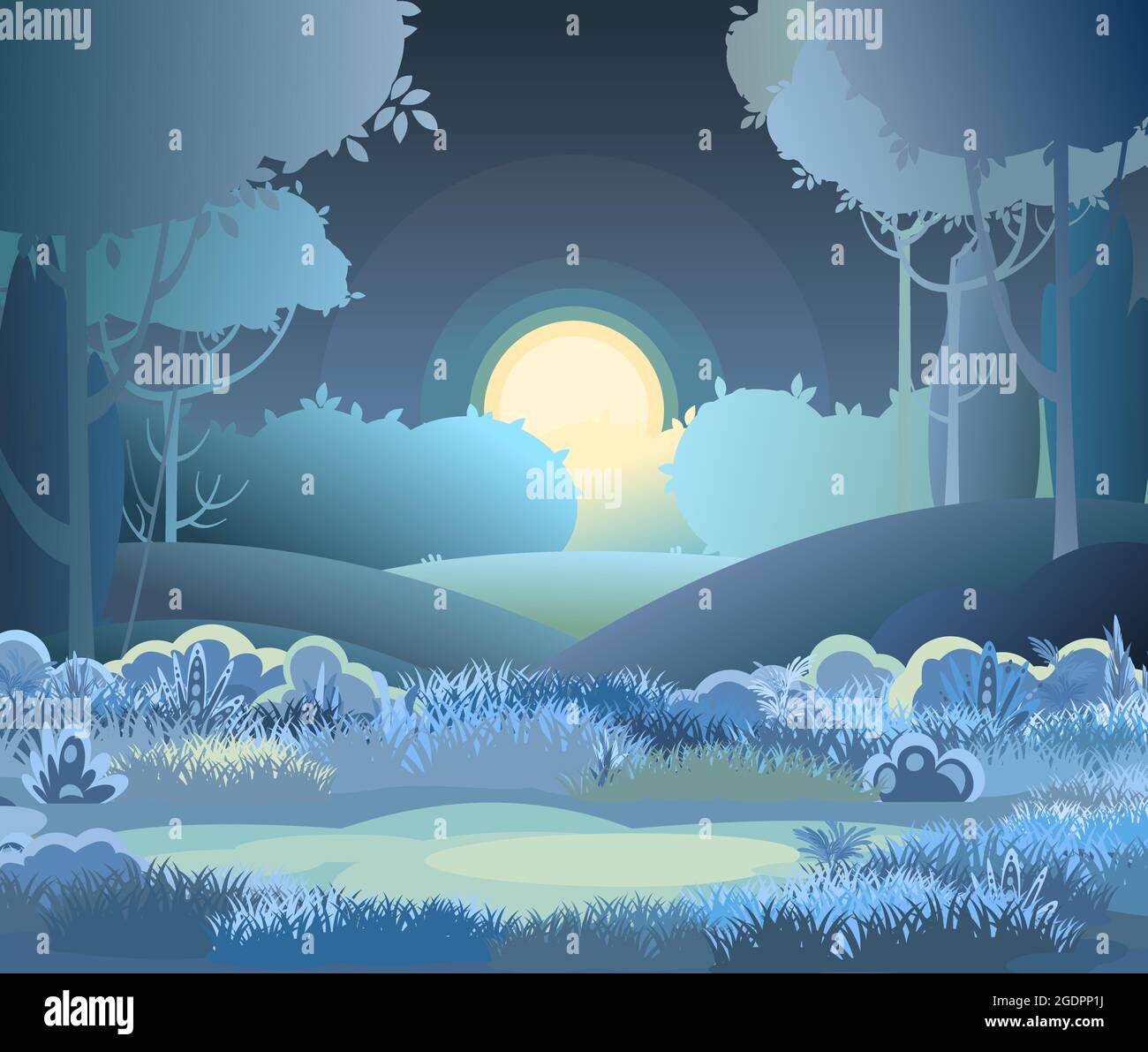 Nacht schöne ländliche Landschaft. Cartoon-Stil. Hügel Gras und dunkle Bäume. Mond und Mondlicht. Saftige Wiesen. Entfernt. Flache Abbildung Stock Vektor