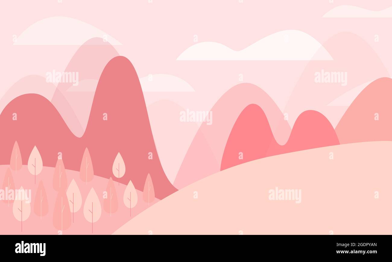 Flacher, rosafarbener Vektor einer Naturszene mit Hügeln, Bergen, Bäumen und einem bewölkten Himmel. Die Abbildung hat einen leeren Kopierbereich mit Platz für Text. Stock Vektor