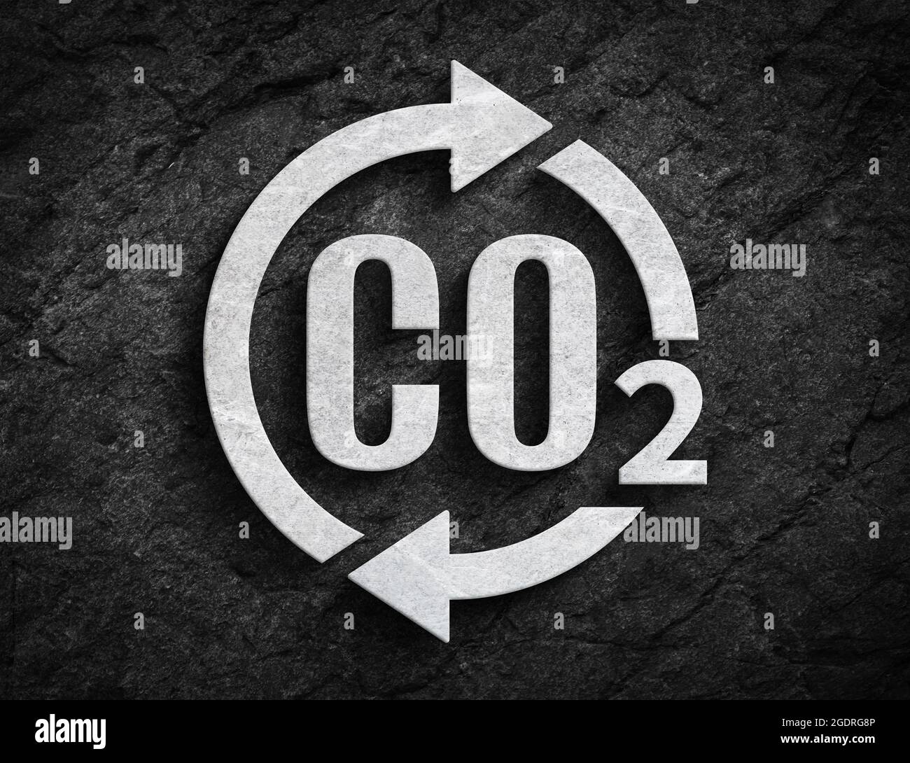 CO2-Zyklus Nachhaltigkeit Öko-Symbol Stein Wand Hintergrund Stockfoto
