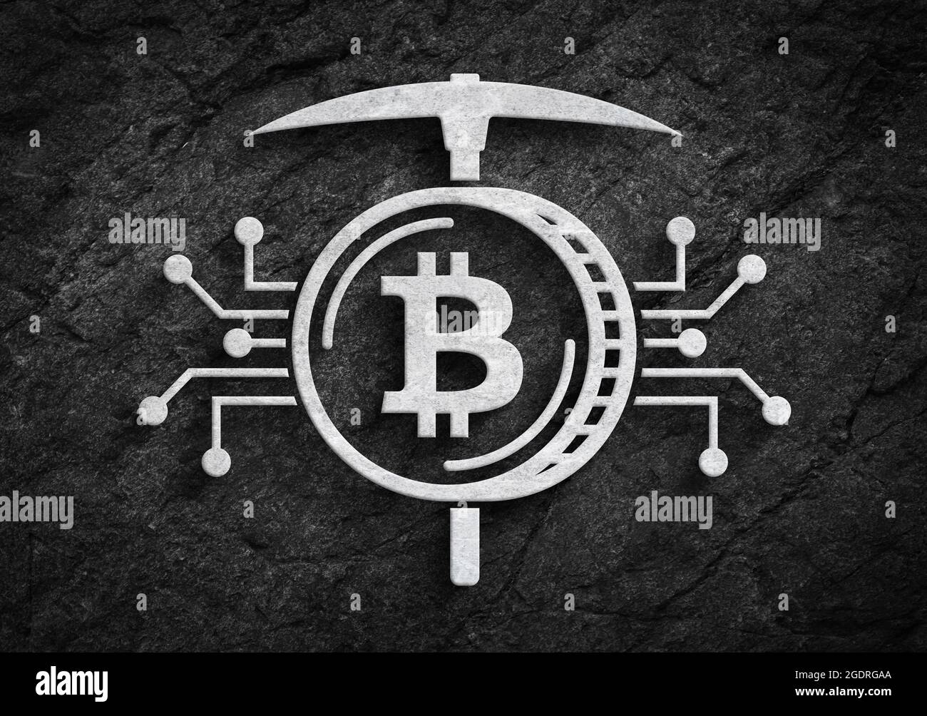 Krypto-Bergbau Bitcoin Schaltung und Spitzhacke Symbol aus Stein und dunklen Wand Hintergrund Stockfoto