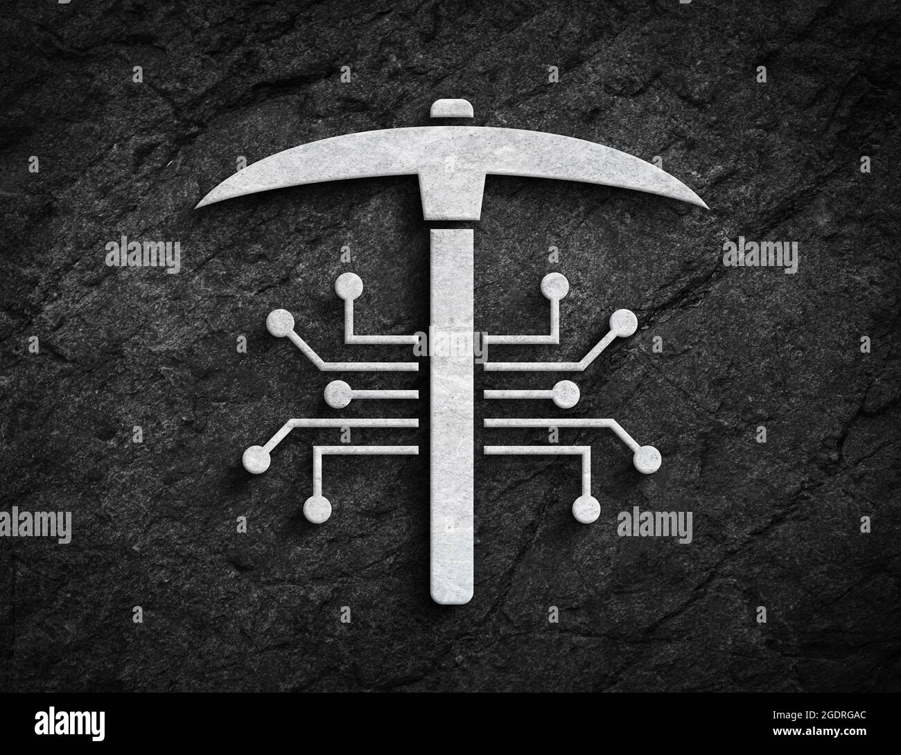 Krypto Bergbau Schaltung und Pickel Symbol Stein Wand Hintergrund Stockfoto