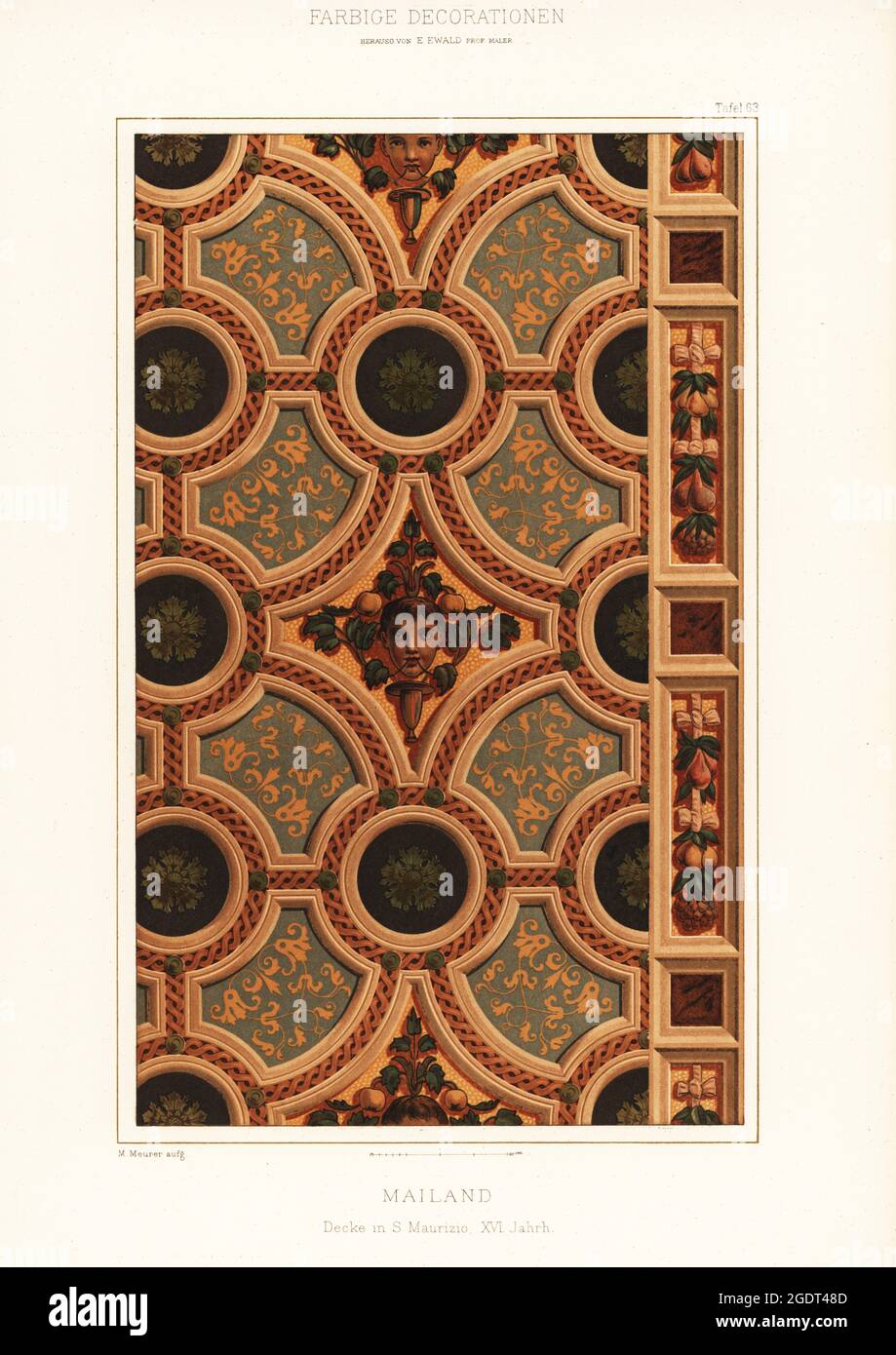 Decke in der Kirche Saint Maurice al Monastero Maggiore, Mailand, 16. Jahrhundert. Decke in S. Maurizio, Mailand, XVI. Jahrh. Chromolithographie von Moritz Meurer aus Ernst Ewalds Farbigen Dekorationen, Alter und Never Zeit, Ernst Wasmuth, Berlin, 1889. Stockfoto