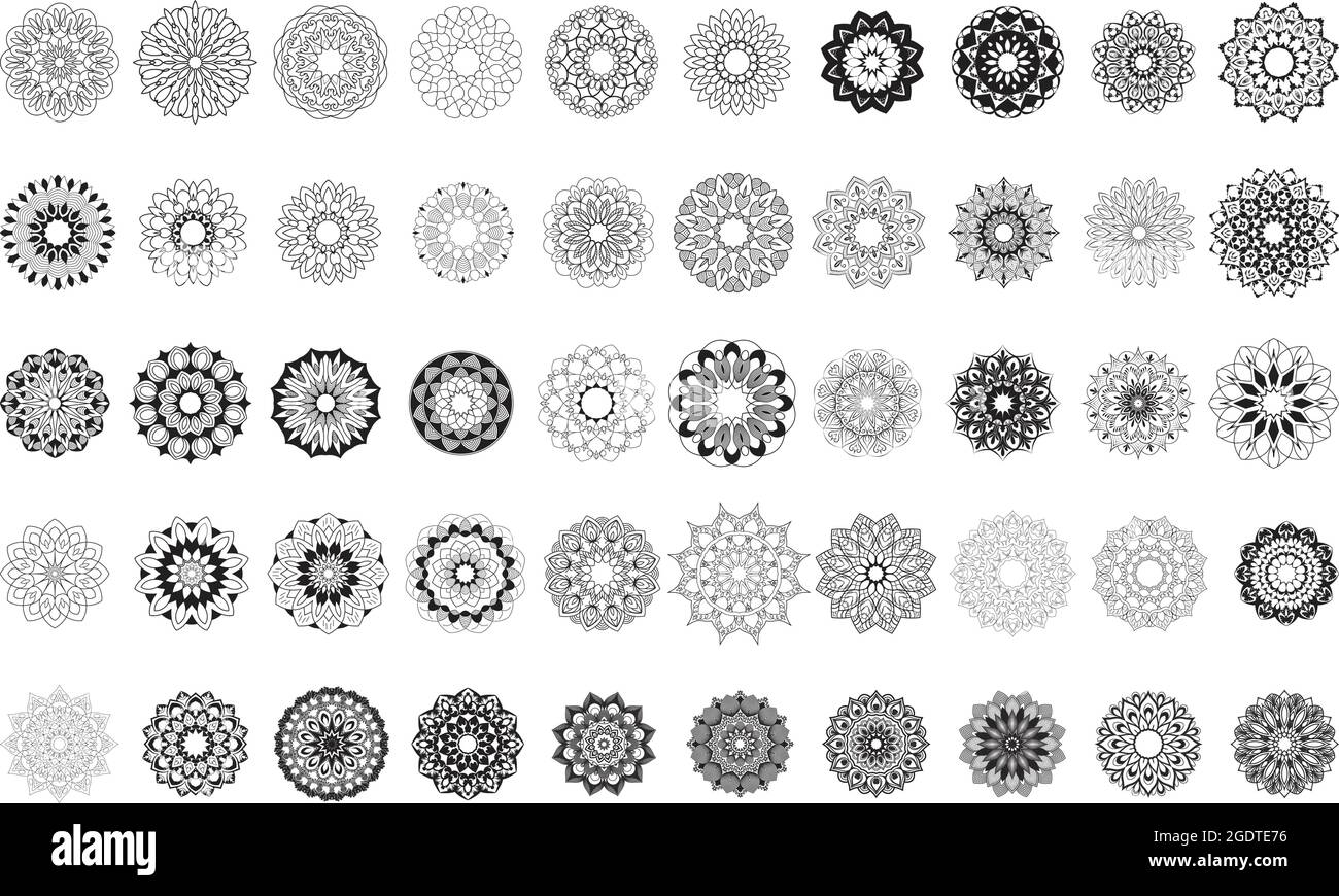 50 Druckbares Mandala Design für Malbücher oder Seiten zum Hochladen von Amazon KDP. Stock Vektor