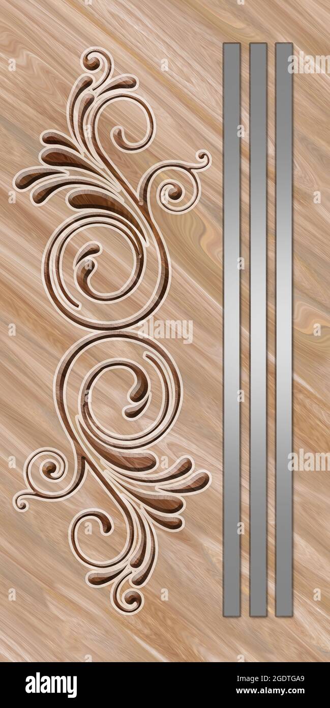 3D Tür Design Hintergrund, Laminat Holz Hochwertige Rendering dekorative Wandbild Tapete Illustration, 3D Carving Innenarchitektur. Stockfoto