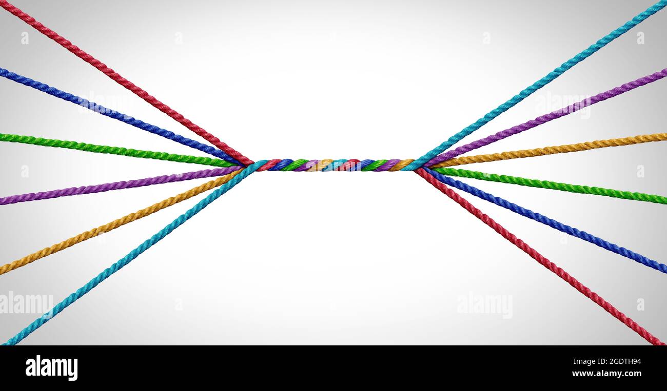 Miteinander verbinden und Einheit Teamwork-Konzept als geschäftliche Metapher für den Beitritt einer Partnerschaft der Vielfalt als verschiedene Seile miteinander verbunden. Stockfoto