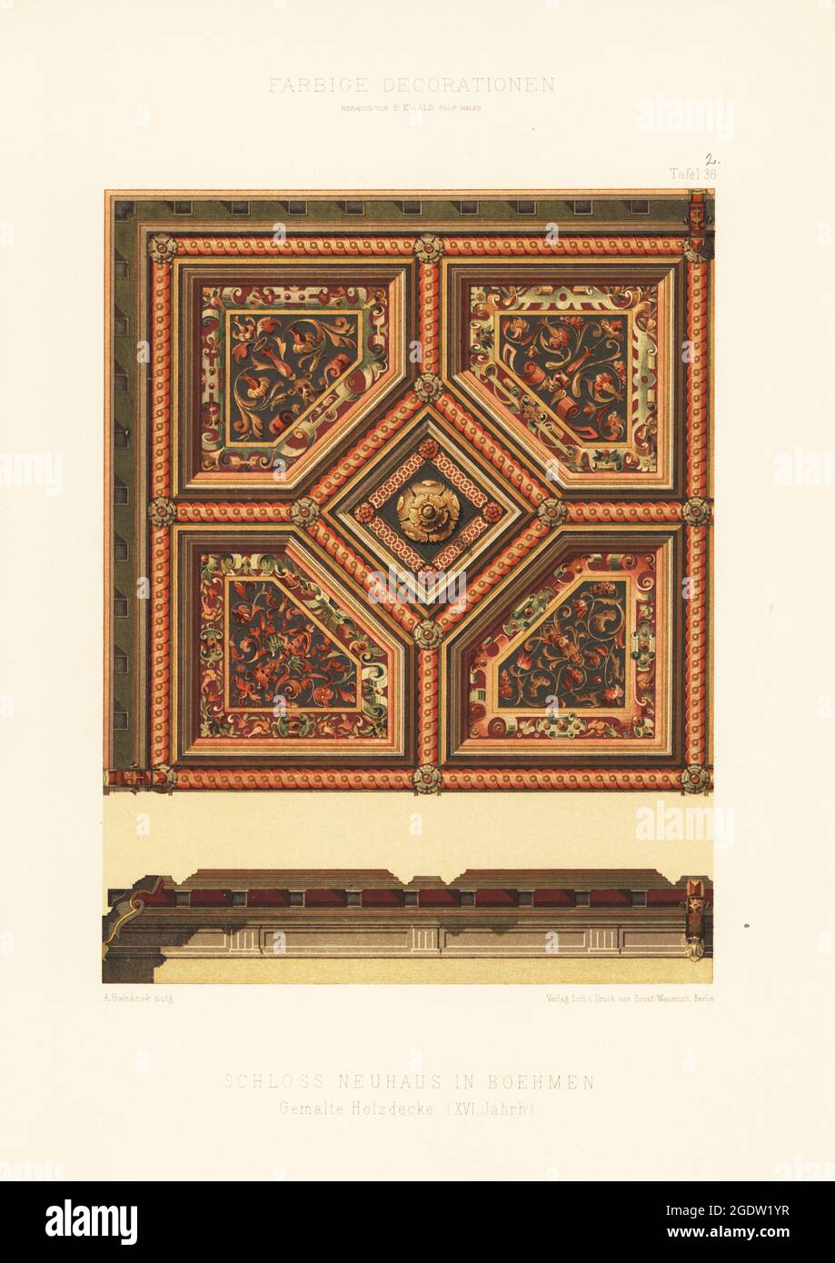 Bemalte Holzdecke im Schloss Neuhaus, Böhmen, 16. Jahrhundert. Gemalte Holzdecke, Schloss Neuhaus in Böhmen, XVI Jahrh. Chromolithographie von A. Balsanek aus Ernst Ewalds Farbigen Dekorationen, Alter und Never Zeit, Ernst Wasmuth, Berlin, 1896. Stockfoto